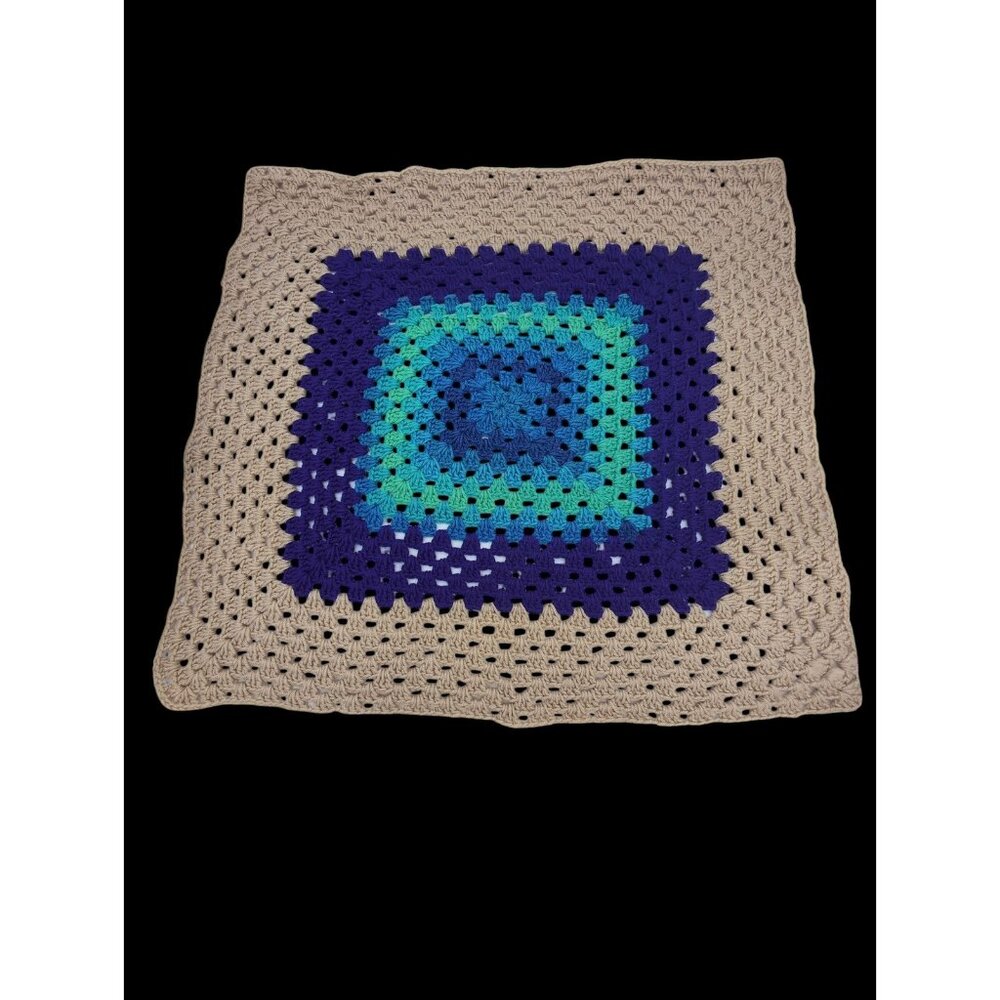 Handmade Crochet Throw Blanket Granny Square Multicolor Blue Beige Lapghan 28x28